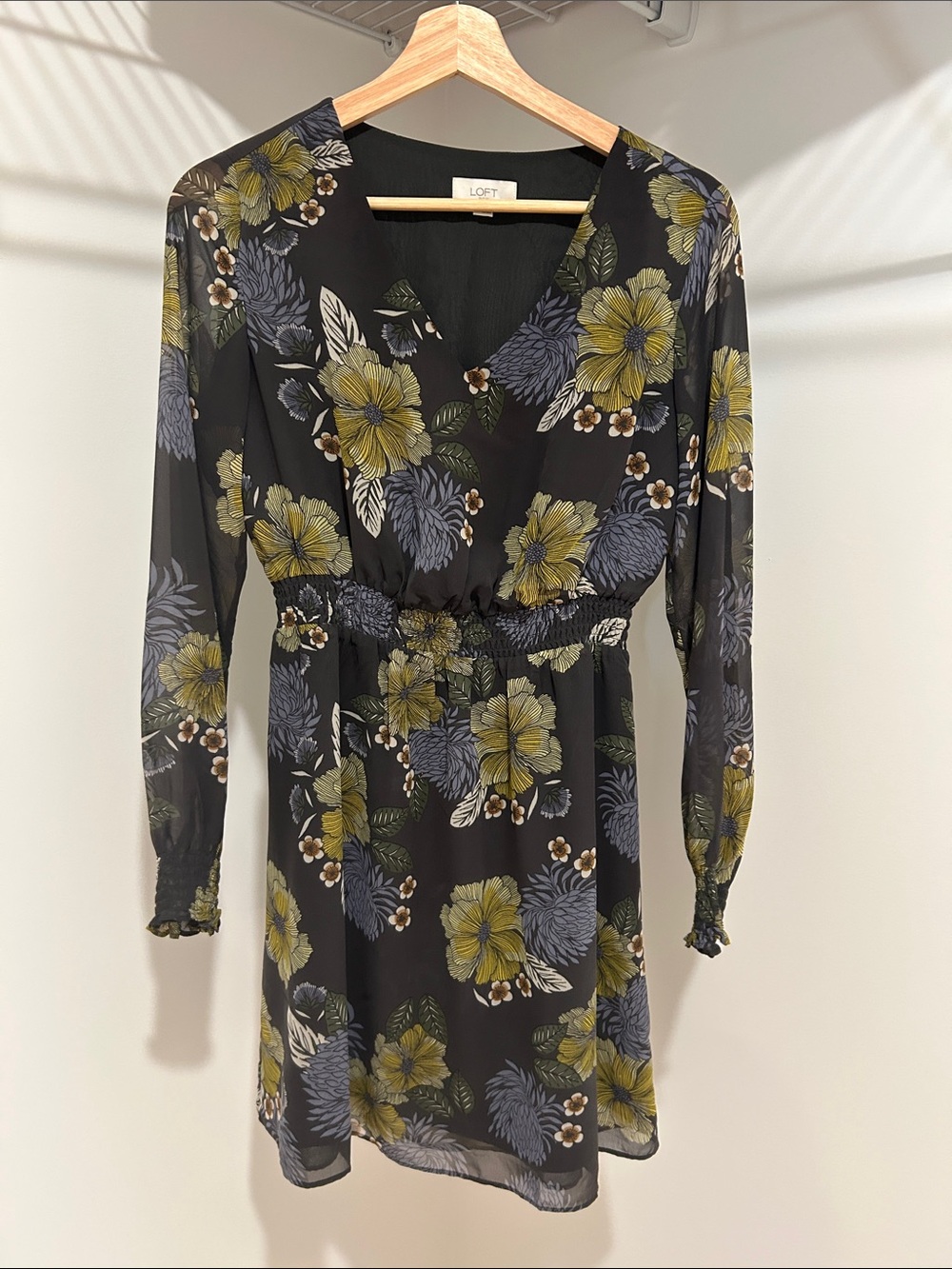 LOFT Black Floral V-Neck Long Sleeve Dress with Olive and Slate Prints